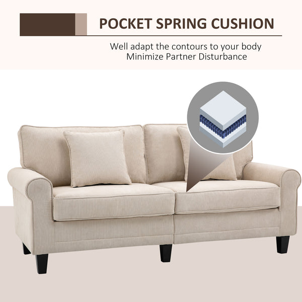 Modern 3-seater sofa in corduroy fabric, pine legs and rolled armrests, beige