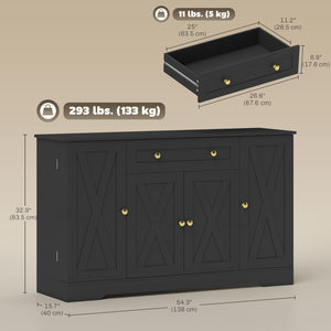 Farmhouse style coffee sideboard with doors, adjustable shelves, drawer, barn style sliding doors, black