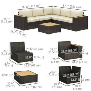6 Piece Rattan Garden Furniture Set with Corner Sofa, Coffee Table, Wood and Plastic, Light Khaki