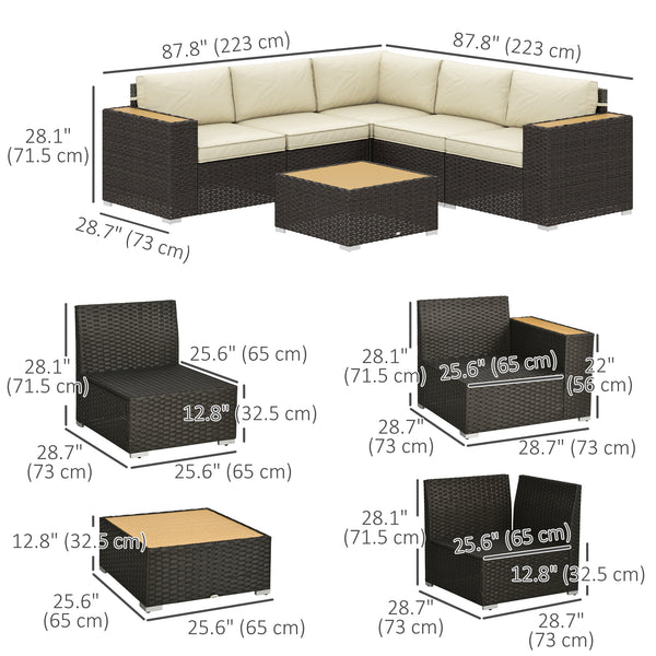6 Piece Rattan Garden Furniture Set with Corner Sofa, Coffee Table, Wood and Plastic, Light Khaki