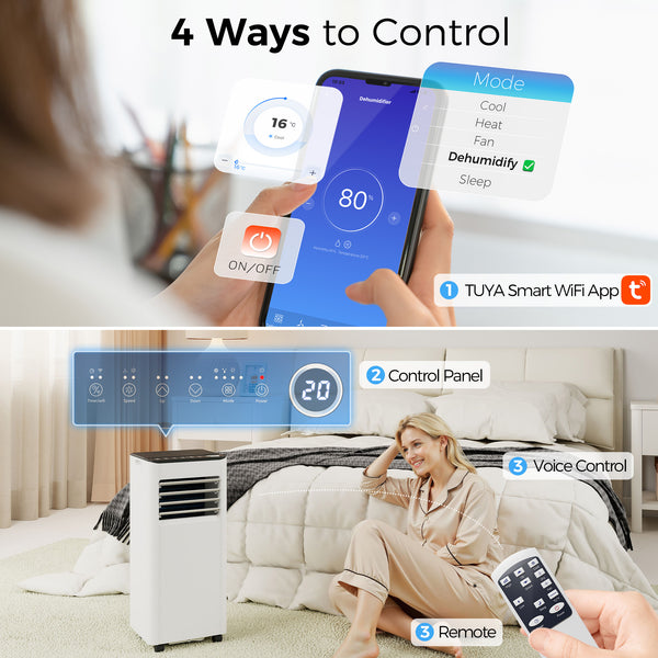 8,000 BTU Portable Air Conditioner with Dehumidifier, Fan, and Wi-Fi Voice Remote for Rooms up to 344 sq ft