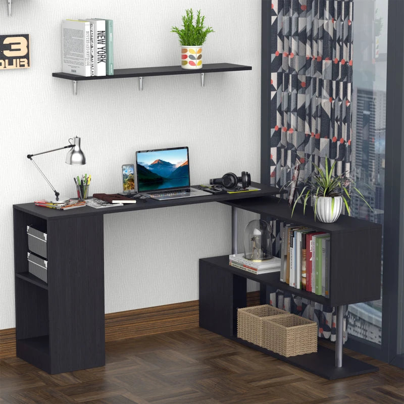 360° Swivel Corner Desk with 3-Tier Shelves, Black