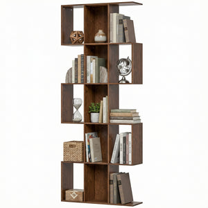 5-Tier Bookcase, S-Shaped Geometric Bookshelf with 15 Compartments, Black Wood Look.