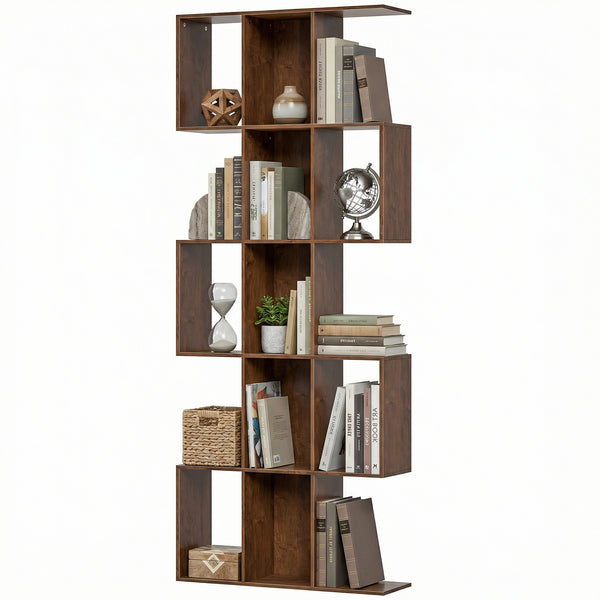 5-Tier Bookcase, S-Shaped Geometric Bookshelf with 15 Compartments, Black Wood Look.