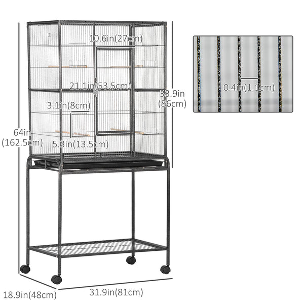 Metal rolling bird cage with removable stand with wheels, black