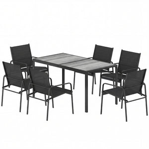 Outdoor dining set for 6 people, faux wood patio table and chairs with breathable mesh seats, galvanized steel frame, black 