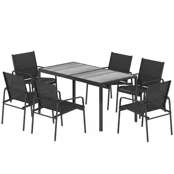 Outdoor dining set for 6 people, faux wood patio table and chairs with breathable mesh seats, galvanized steel frame, black 