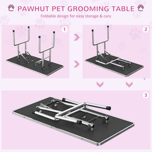 Foldable Grooming Table with Height Adjustable Grooming Arm and Storage Shelf, Pink