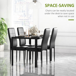 Rectangular Glass Top Kitchen Table and Chair Set with Metal Frame and Faux Leather Upholstery for Dining Room, Black