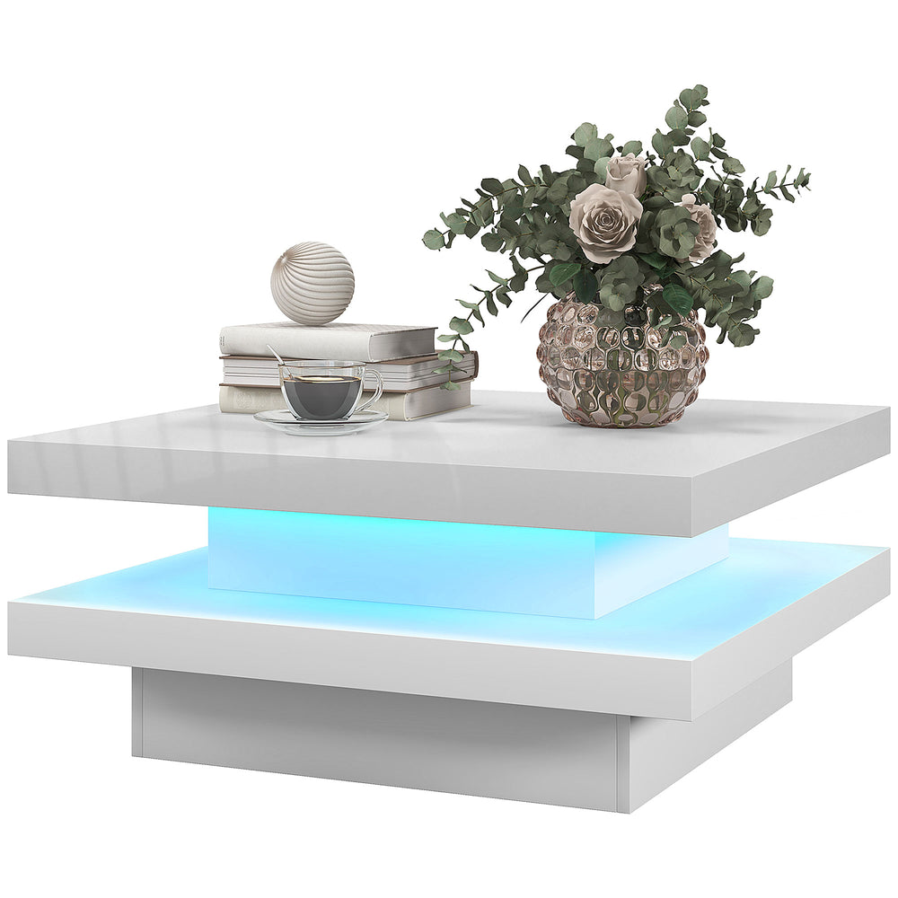 Square coffee table with 7 LED lights and remote control, white