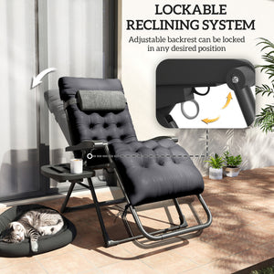 Fauteuil inclinable pliant rembourré avec porte-gobelet, dossier réglable, coussin amovible, noir