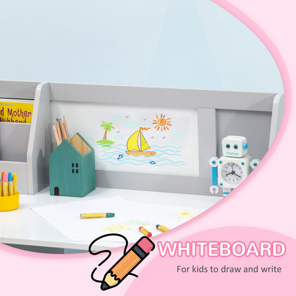 Kids Desk and Chair Set with Whiteboard, Storage and Shelves, Grey