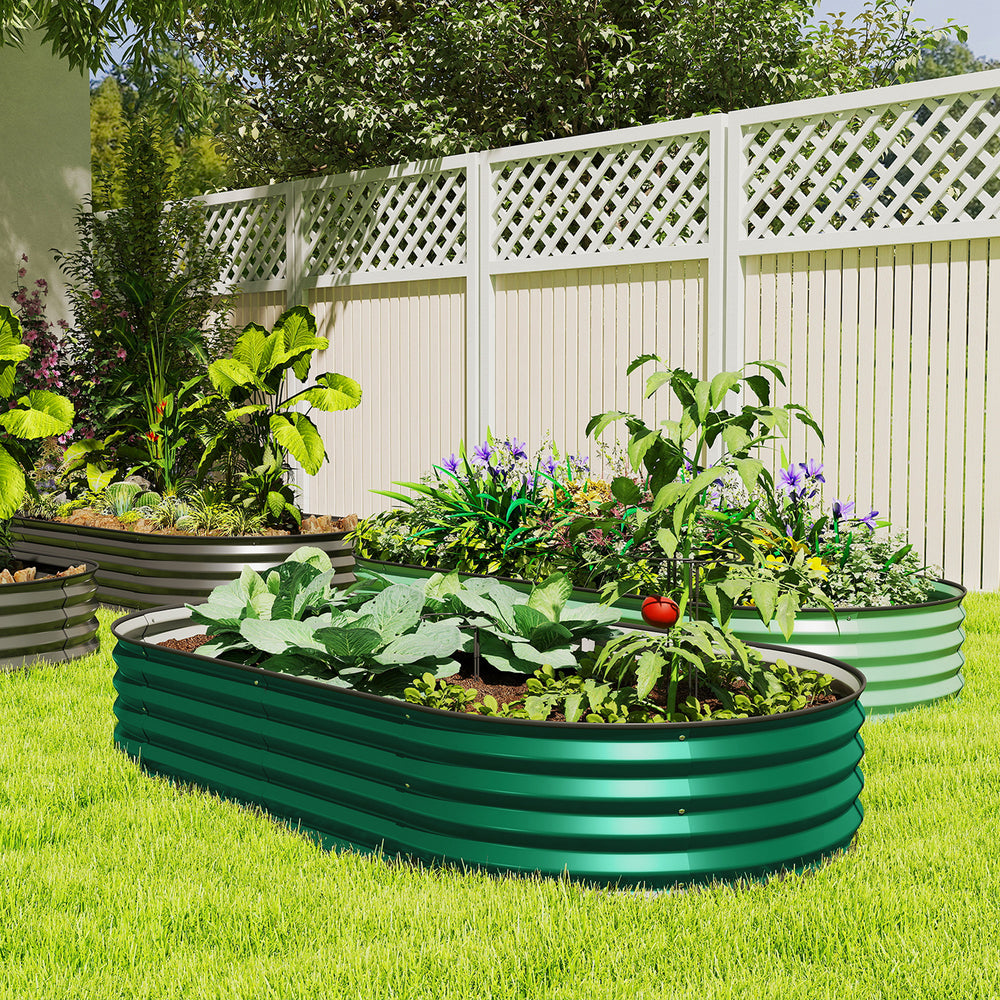 Raised outdoor planter made of galvanized steel with metal support, green