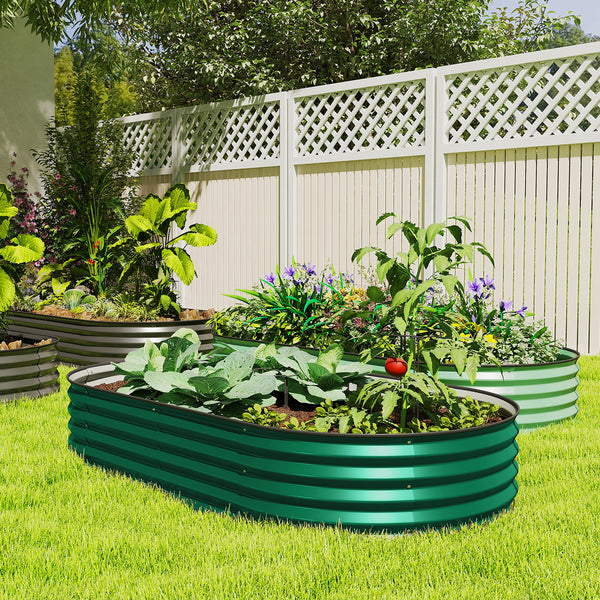 Raised outdoor planter made of galvanized steel with metal support, green