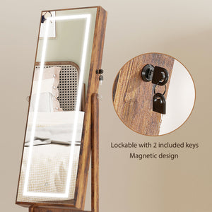 Lockable Jewelry Cabinet with LED Lighting and Storage, Rustic Brown
