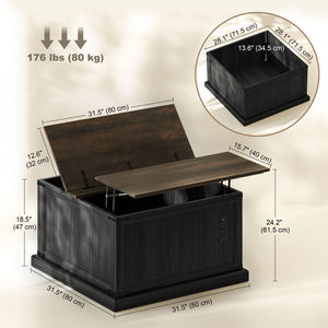 Coffee table with lift-top and charging station in country style, black wood look.