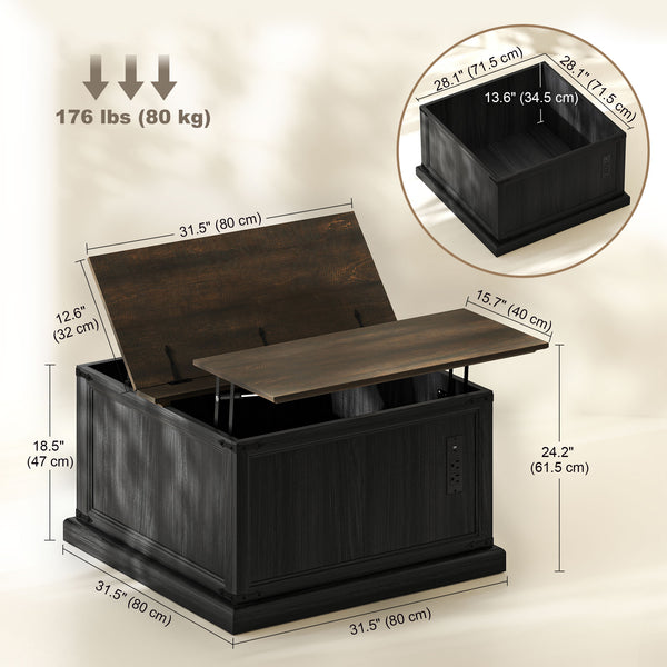 Coffee table with lift-top and charging station in country style, black wood look.