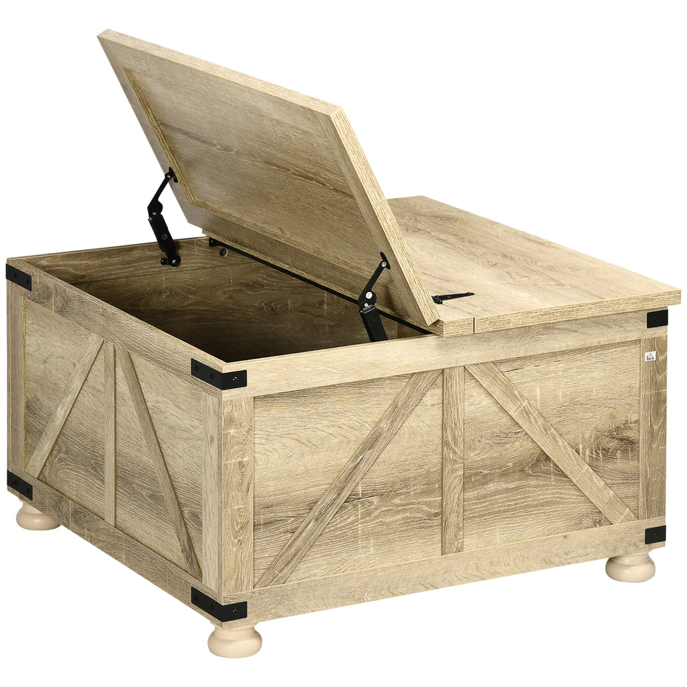 Farmhouse style square coffee table with hinged lids, oak
