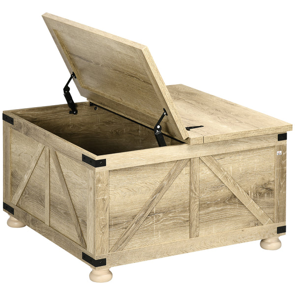 Farmhouse style square coffee table with hinged lids, oak