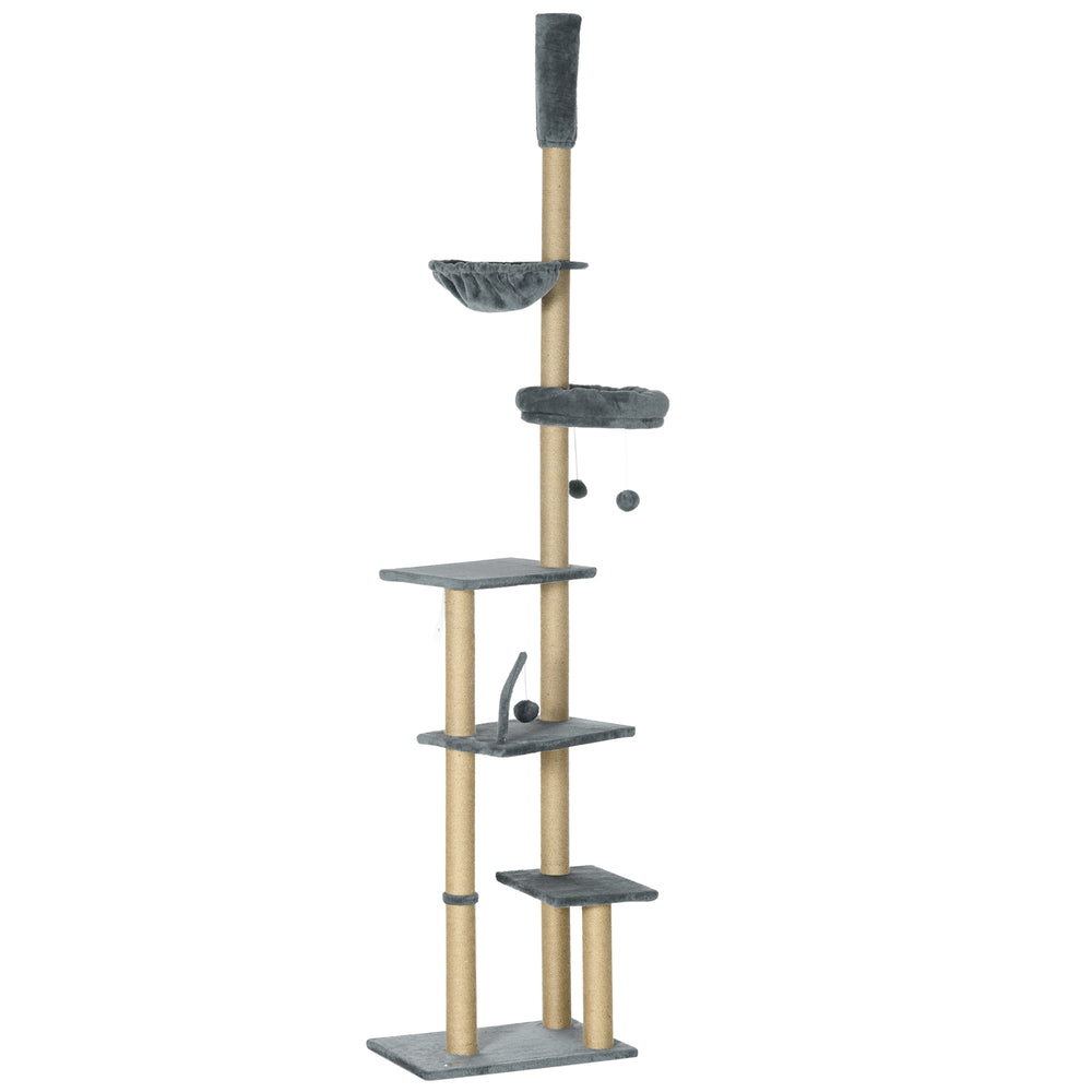 Cat tree, ceiling height 230 to 250 cm, with scratching post, hanging balls, platforms, bed and hammock, gray