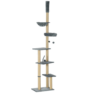 Cat tree, ceiling height 230 to 250 cm, with scratching post, hanging balls, platforms, bed and hammock, gray
