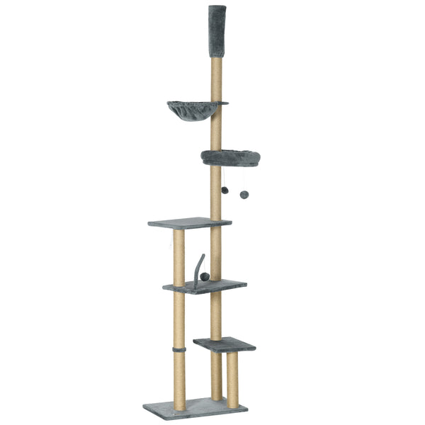 Cat tree, ceiling height 230 to 250 cm, with scratching post, hanging balls, platforms, bed and hammock, gray