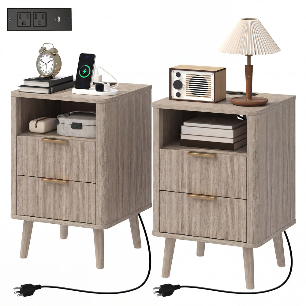Set of 2 modern nightstands with charging station, 2 drawers and an open shelf, grey
