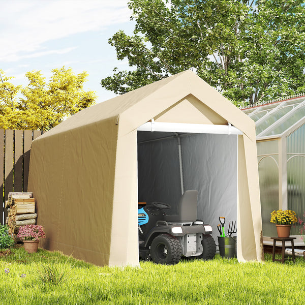 Portable garden shed with roll-up door, beige