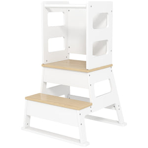 2-in-1 Toddler Kitchen Tower with Chalkboard and Safety Rail, White
