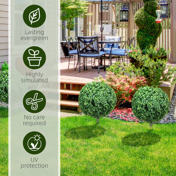 Set of 2 artificial ball-shaped bushes with stakes, UV resistant