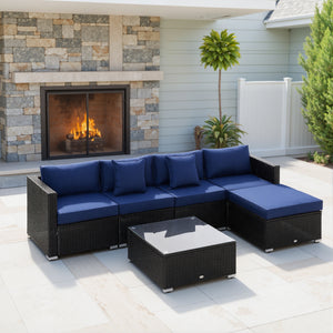 6 Pieces Outdoor PE Rattan Wicker Patio Furniture Sofa Set with Thick Cushions, Deluxe Garden Sectional Couch with Glass Top Table, Black and Dark Blue
