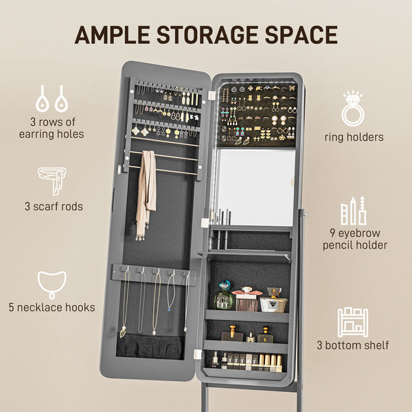 Standing Jewelry Cabinet with Mirror and Adjustable Angle LED, Gray