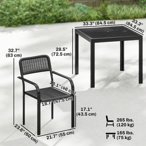Outdoor dining set for 4 people, wood-look metal patio table and stackable chairs, black