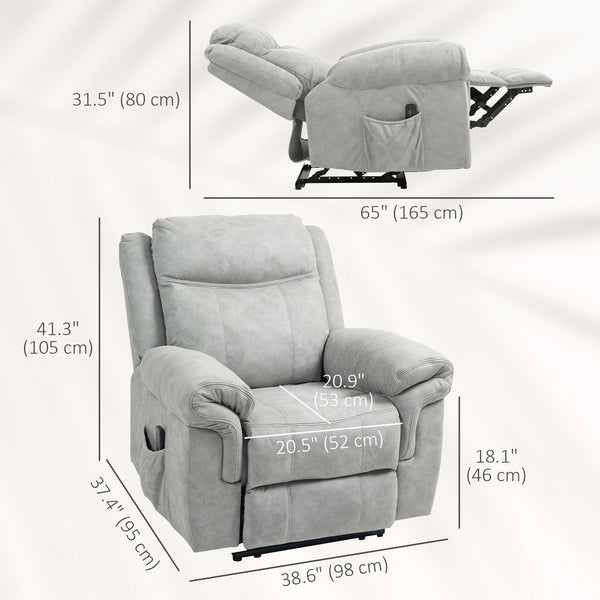 Manual reclining chair with vibration massage, side pockets, in grey microfiber