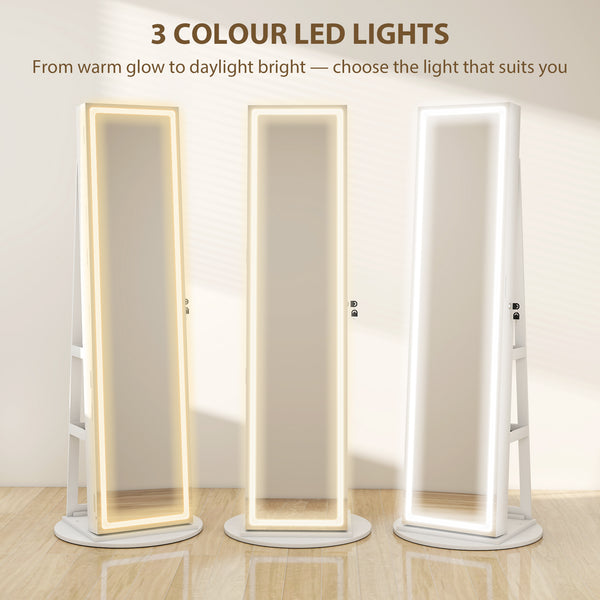 Jewelry cabinet with full-length lockable mirror, with LED, white