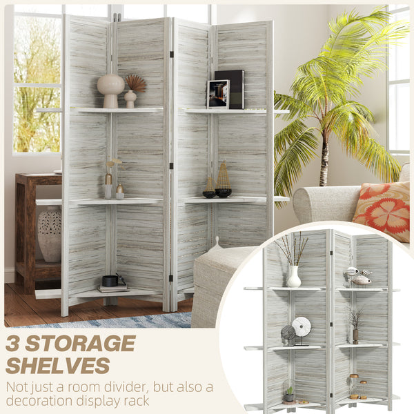 4-Panel Room Divider with 3 Storage Shelves, Distressed White