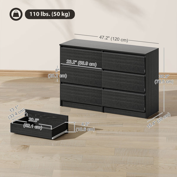 Large 6-drawer chest of drawers, for bedroom, living room or entryway, black.