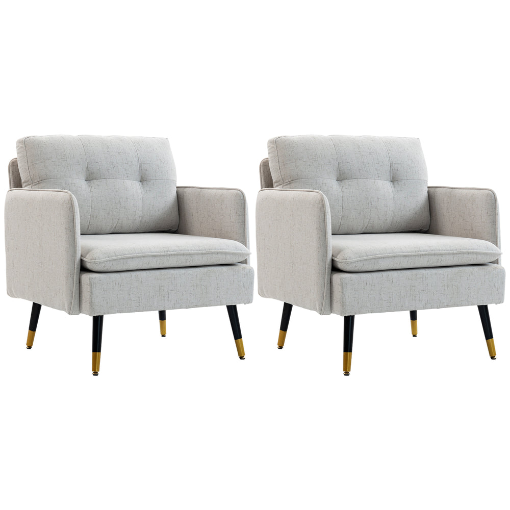 Set of 2 upholstered accent chairs with tufted back and steel legs, grey