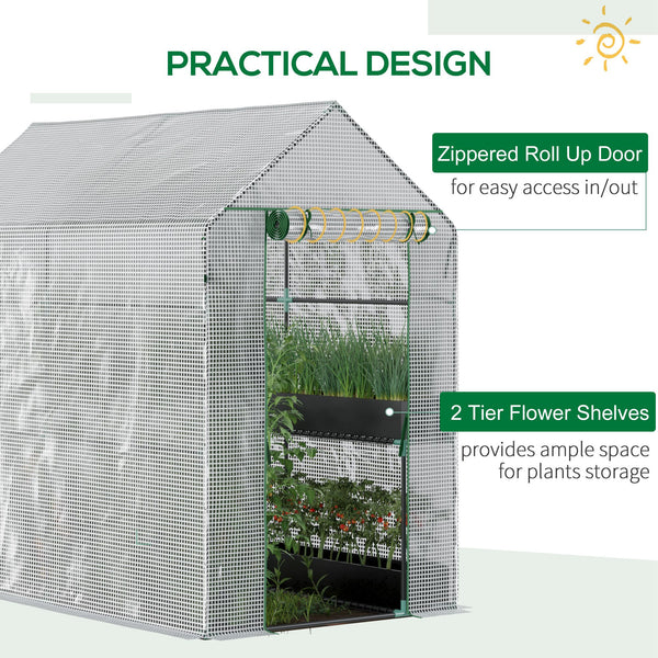 Portable garden greenhouse with roll-up door and 4 shelves, white