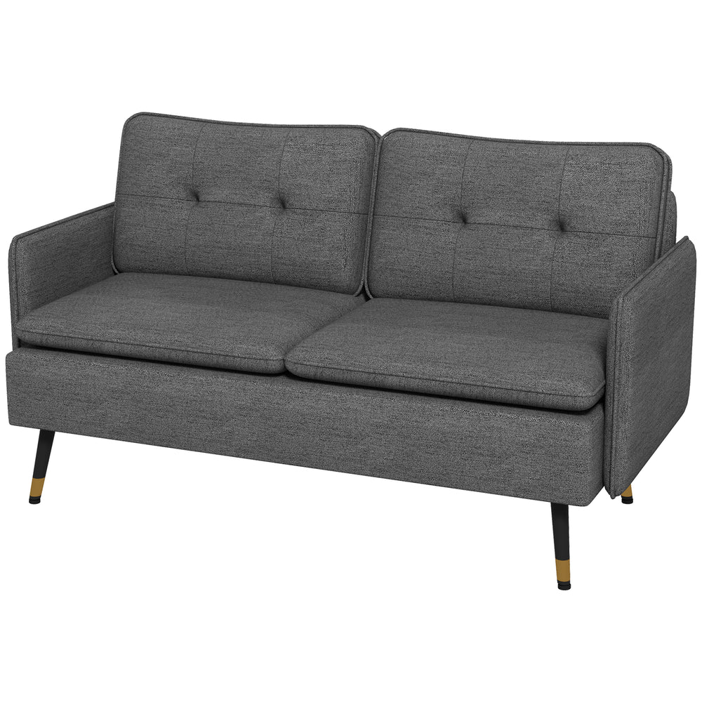Modern fabric loveseat sofa with tufted back and steel legs, dark gray