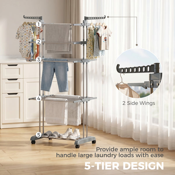 5-tier foldable clothes drying rack on wheels, grey