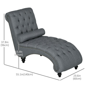 Upholstered button tufted chaise longue with wooden legs, gray