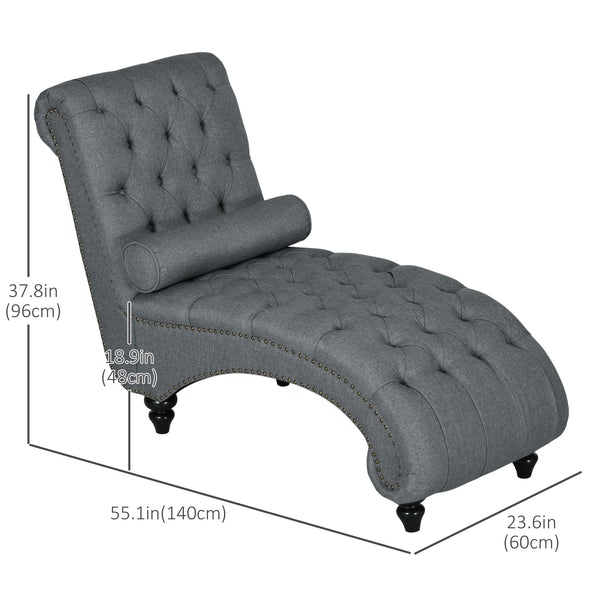 Upholstered button tufted chaise longue with wooden legs, gray