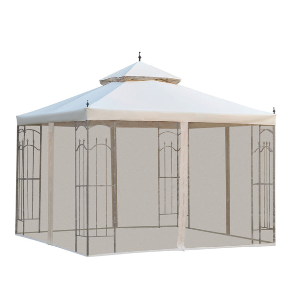 10 x 10 steel gazebo with removable mesh curtains, shelves and steel frame, beige