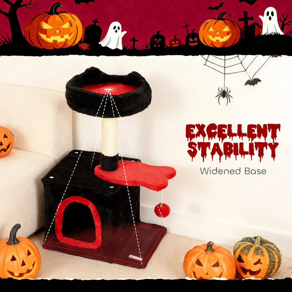 71cm Gothic Cat Tree with Soft Bed, Cozy Cave, Scratching Post and Hanging Ball, Red and Black
