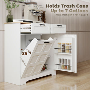 13 Gallon Tilt-Out Trash Can Cabinet with 2 Drawers, Door Shelves and Adjustable Shelves, White.