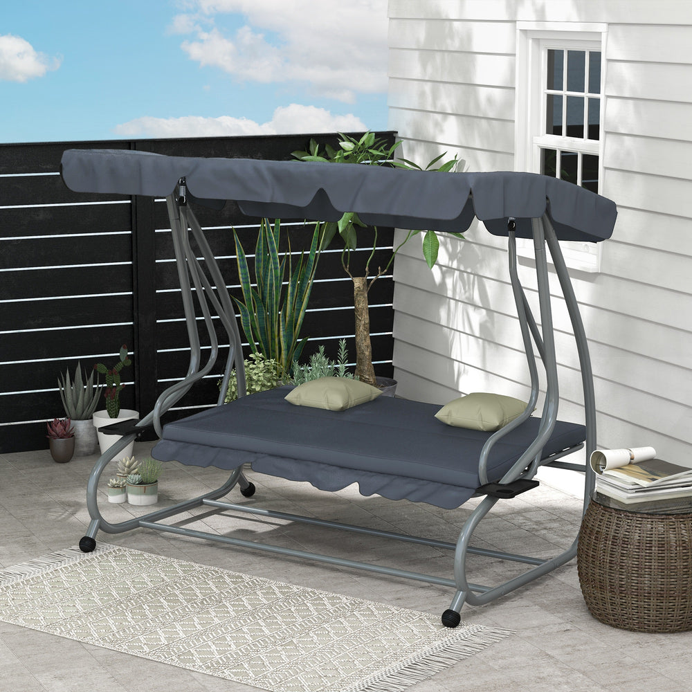 3-Seat Outdoor Patio Swing Canopy Chair, Converting Flat Bed with Adjustable Shade, Cushions, Cup Holder, Dark Grey