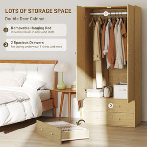 Modern wardrobe with 2 drawers and hanging rod, natural wood
