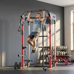 Weight training cage with adjustable pulley system, pull-up bar, dip station, Landmine pull-up bar