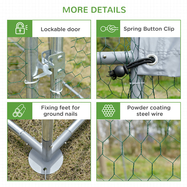 Galvanized metal chicken coop with outdoor run, silver